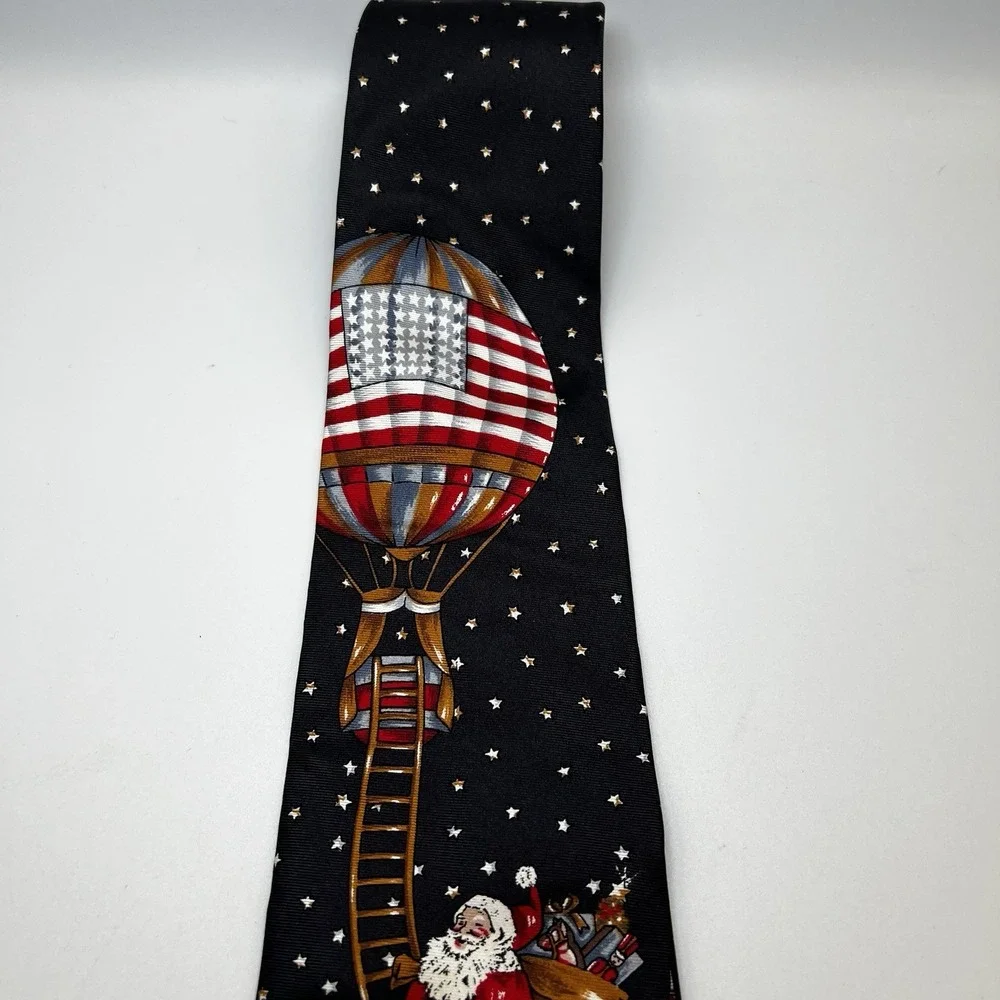 VTG Stafford Necktie Mens Black Italian Silk Christmas Santa Hot Air Balloon Tie